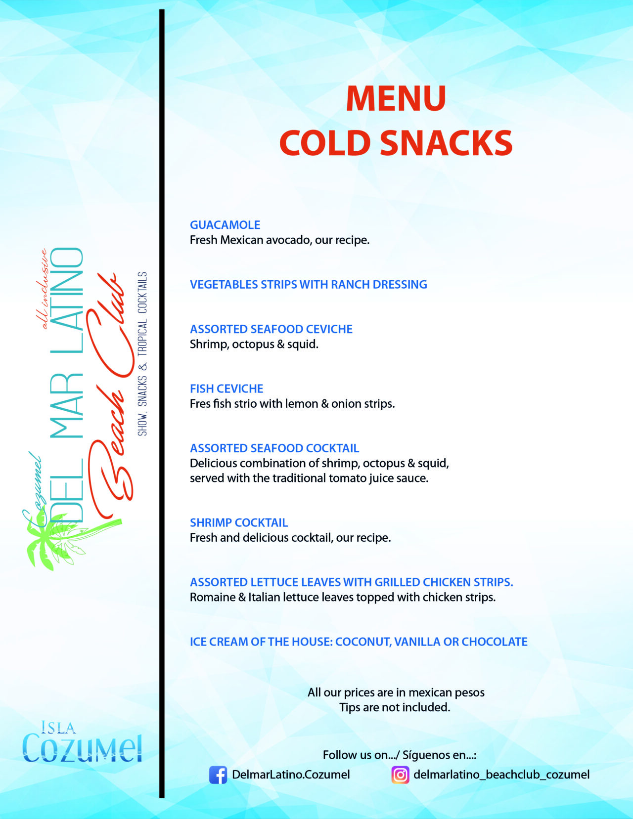 Menu | Del Mar Latino Beach Club Cozumel All Inclusive