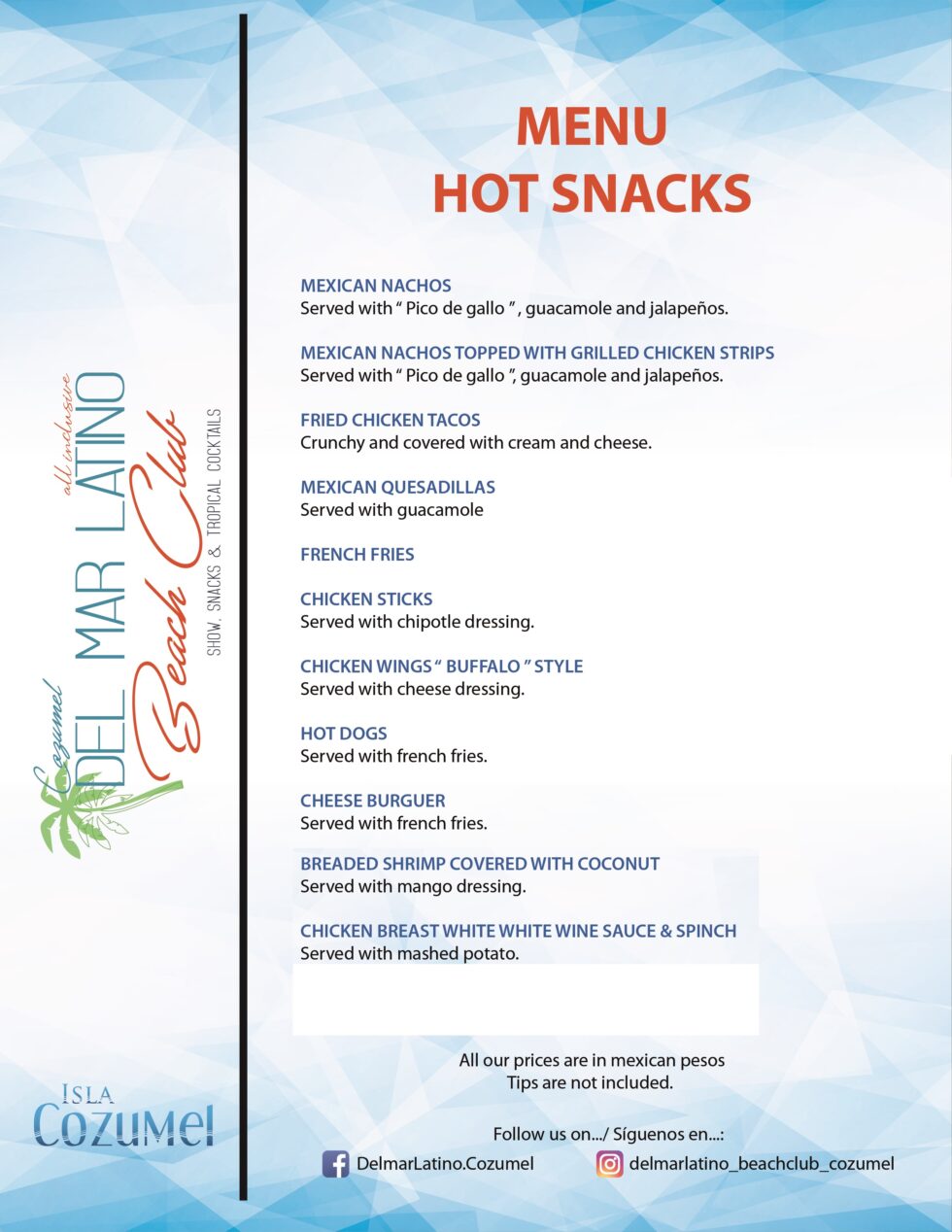 Menu | Del Mar Latino Beach Club Cozumel All Inclusive